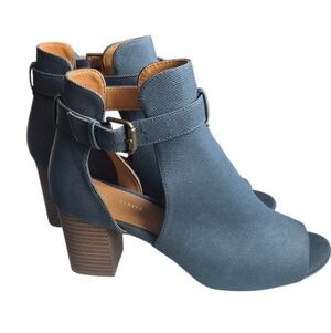 Denver Hayes Denim-Textured Blue Cutout Block Heel Booties